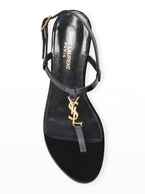 Saint Laurent Cassandra Patent Leather Slingback Thong Sandals 37.5 Black YSL